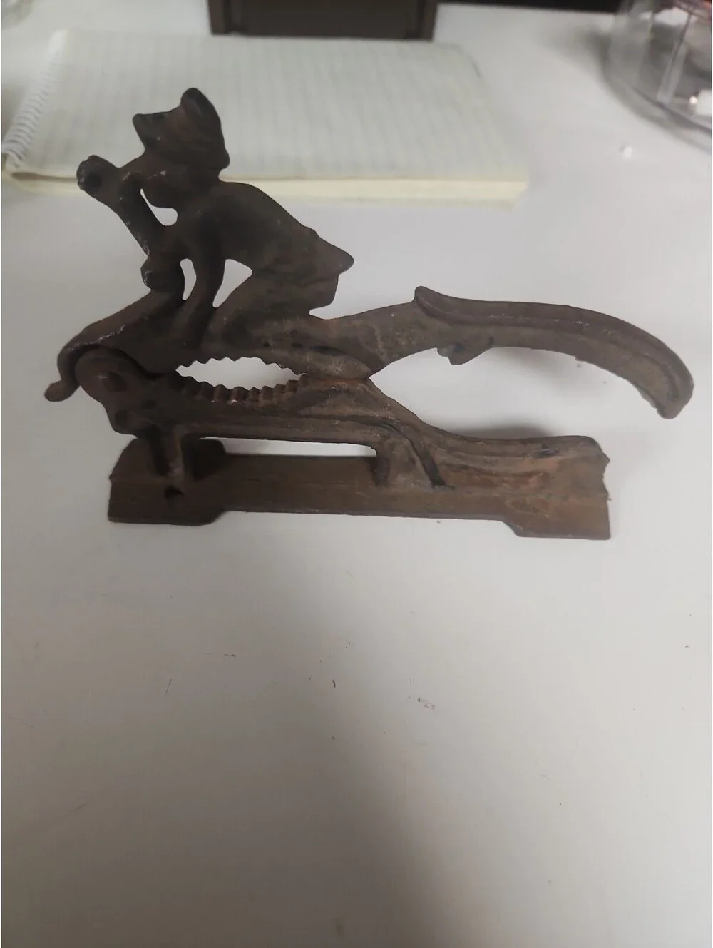 IMP Nut Cracker Old Cast Iron Whimsical Elf Riding Bird Pecan Sheller